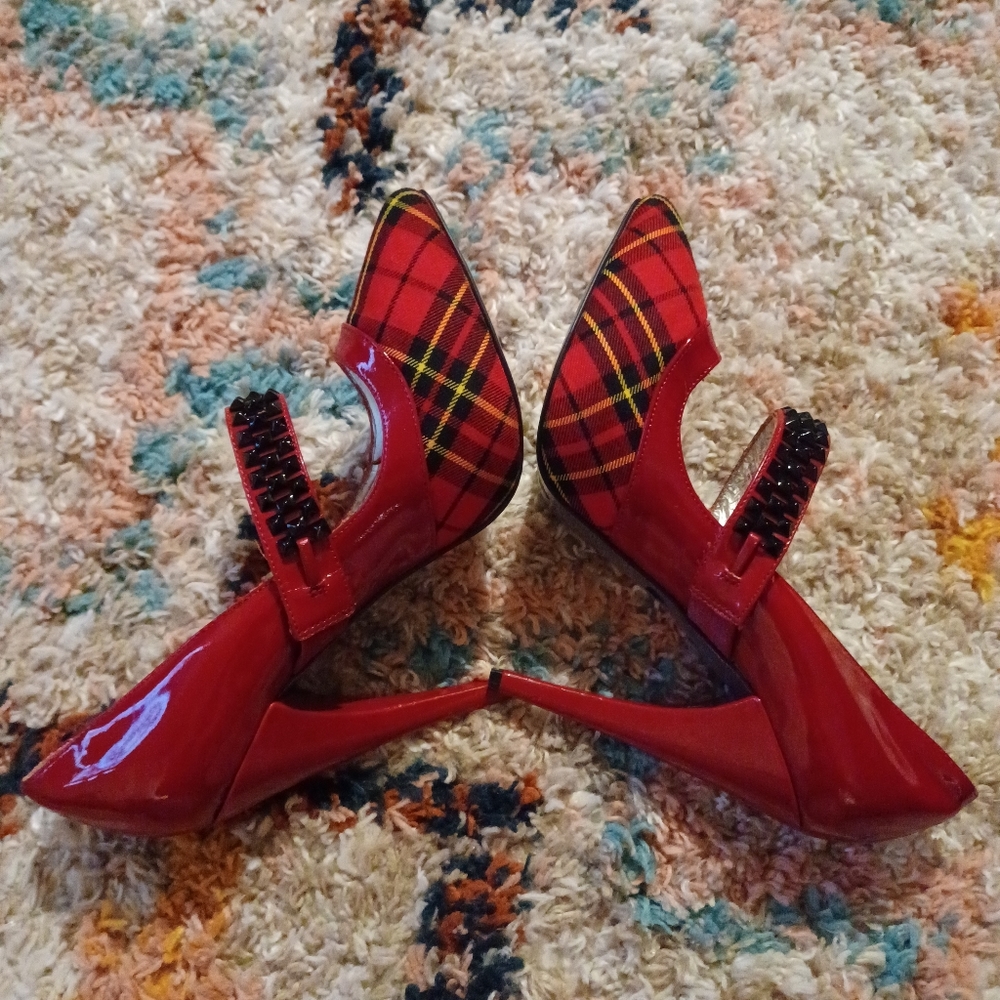 Naughty Monkey Red Plaid 5" Heels • 8.5 • Pinup Style